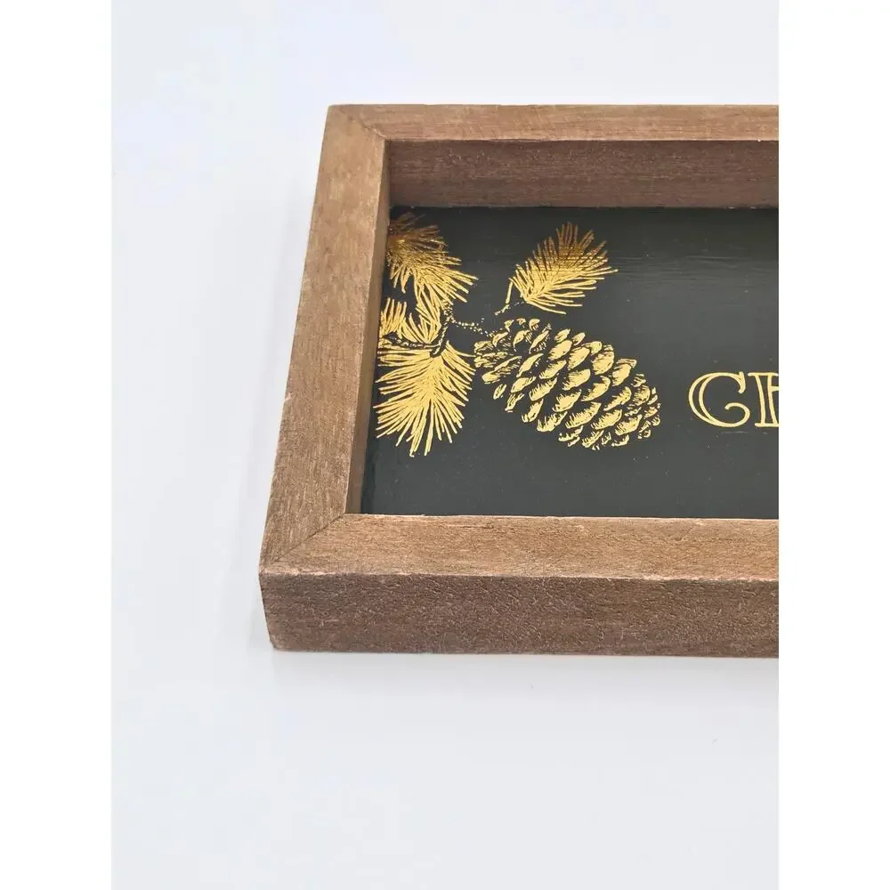 Upcycled Green Christmas Wall Art – Gold Tree, Floral Border (Ready to Hang)